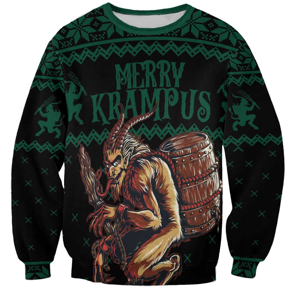 Green crewneck sweatshirt with Krampus graphic, drum, and “MERRY KRAMPUS” text
