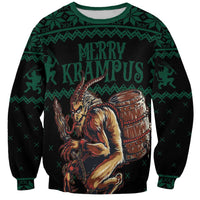 Green crewneck sweatshirt with Krampus graphic, drum, and “MERRY KRAMPUS” text