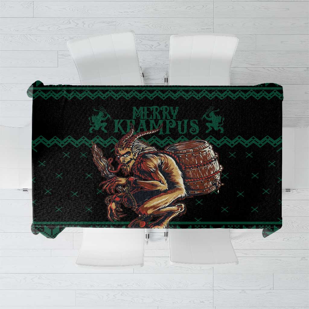 Green Christmas tablecloth with Krampus illustration and Merry text on dark background