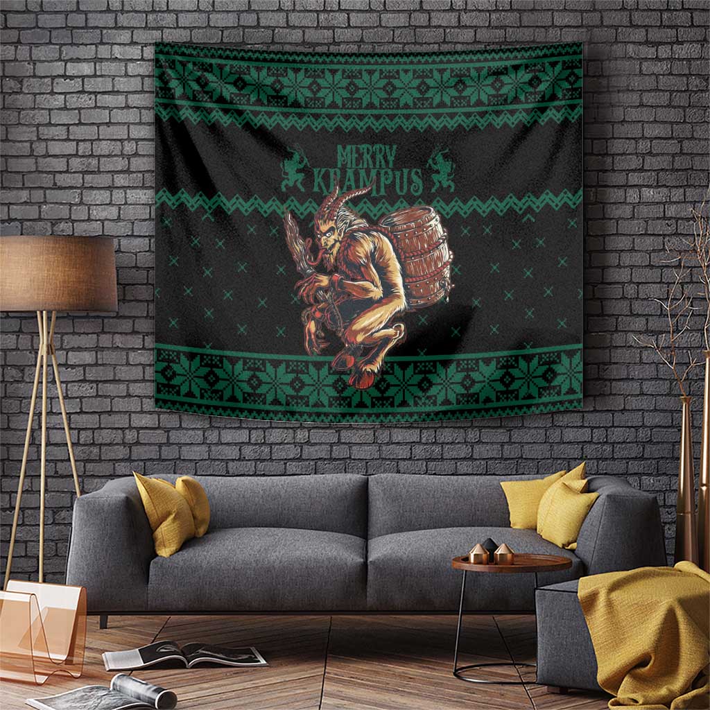 Green and black Christmas tapestry with Krampus holding a barrel, bordered pattern