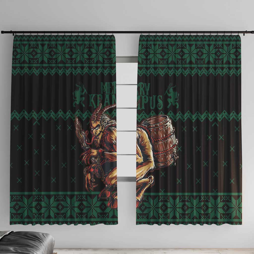 Green and black Krampus-themed window curtain panels with festive geometric border