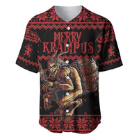Red and black creepy Christmas baseball jersey with Krampus and wolf graphic