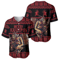 Red and black creepy Christmas baseball jersey front and back with Krampus barrel wolf