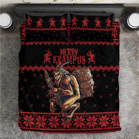 Red and black Krampus Christmas bedding set with festive deer-and-fangs print, on bed