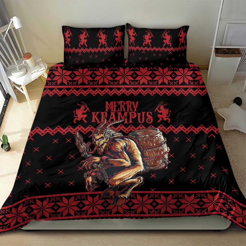 Black and red Krampus Christmas bedding set with “Merry Krampus” and Krampus character art