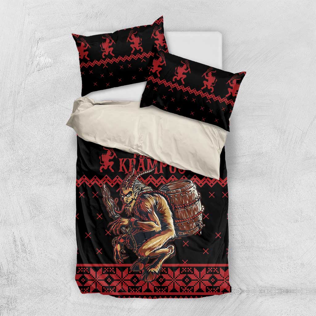 Black and red Krampus Christmas bedding set with “Merry Krampus” on duvet and pillow