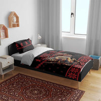 Black and red Krampus Christmas bedding set with Krampus artwork on duvet and pillows
