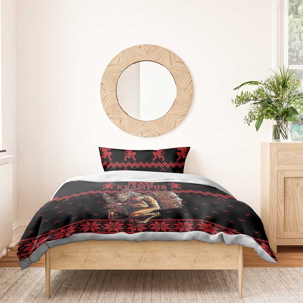Black and red Krampus Christmas bedding set with “Merry Krampus” text, duvet and pillow