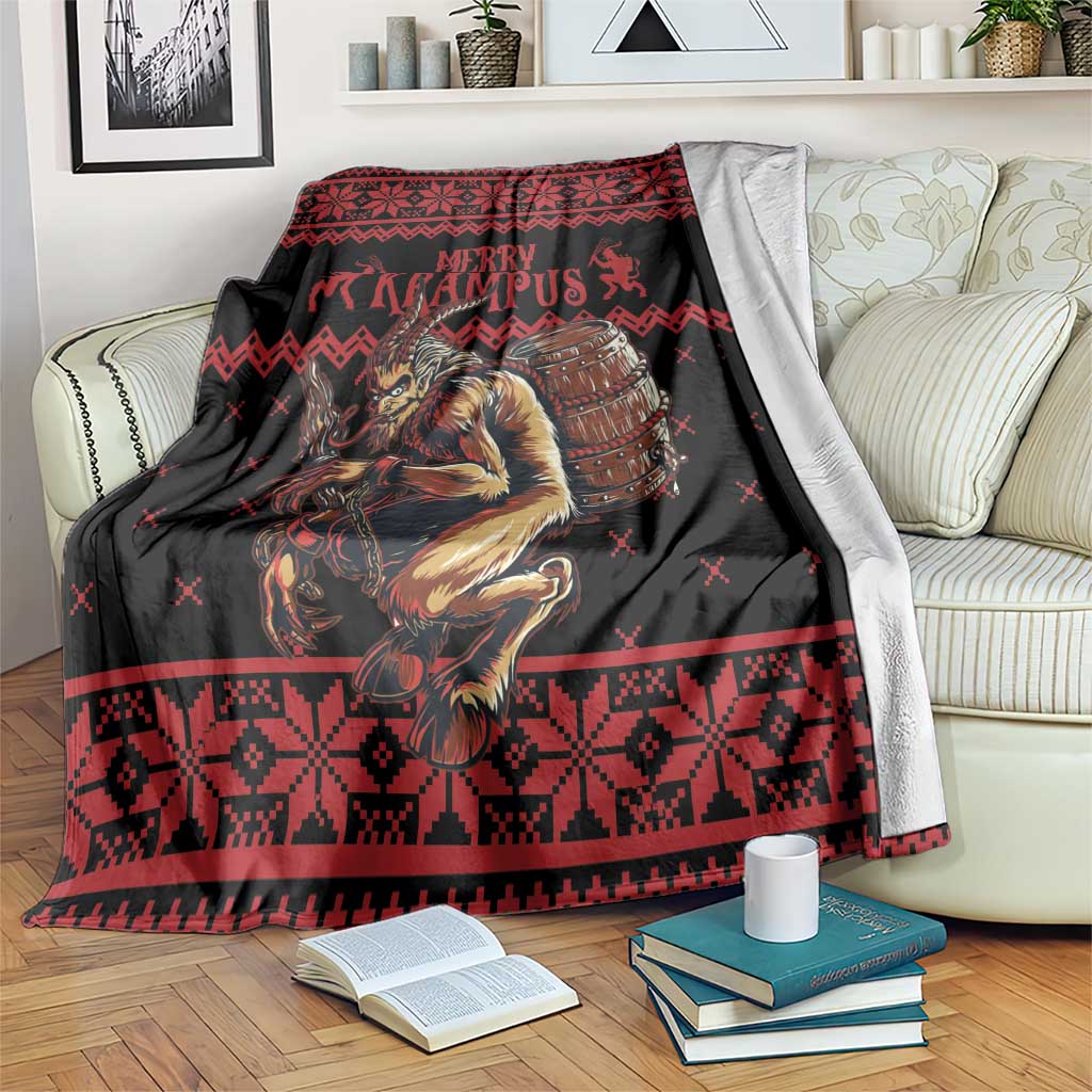 Red and black Krampus-themed Christmas blanket with decorative border and roaring figure art