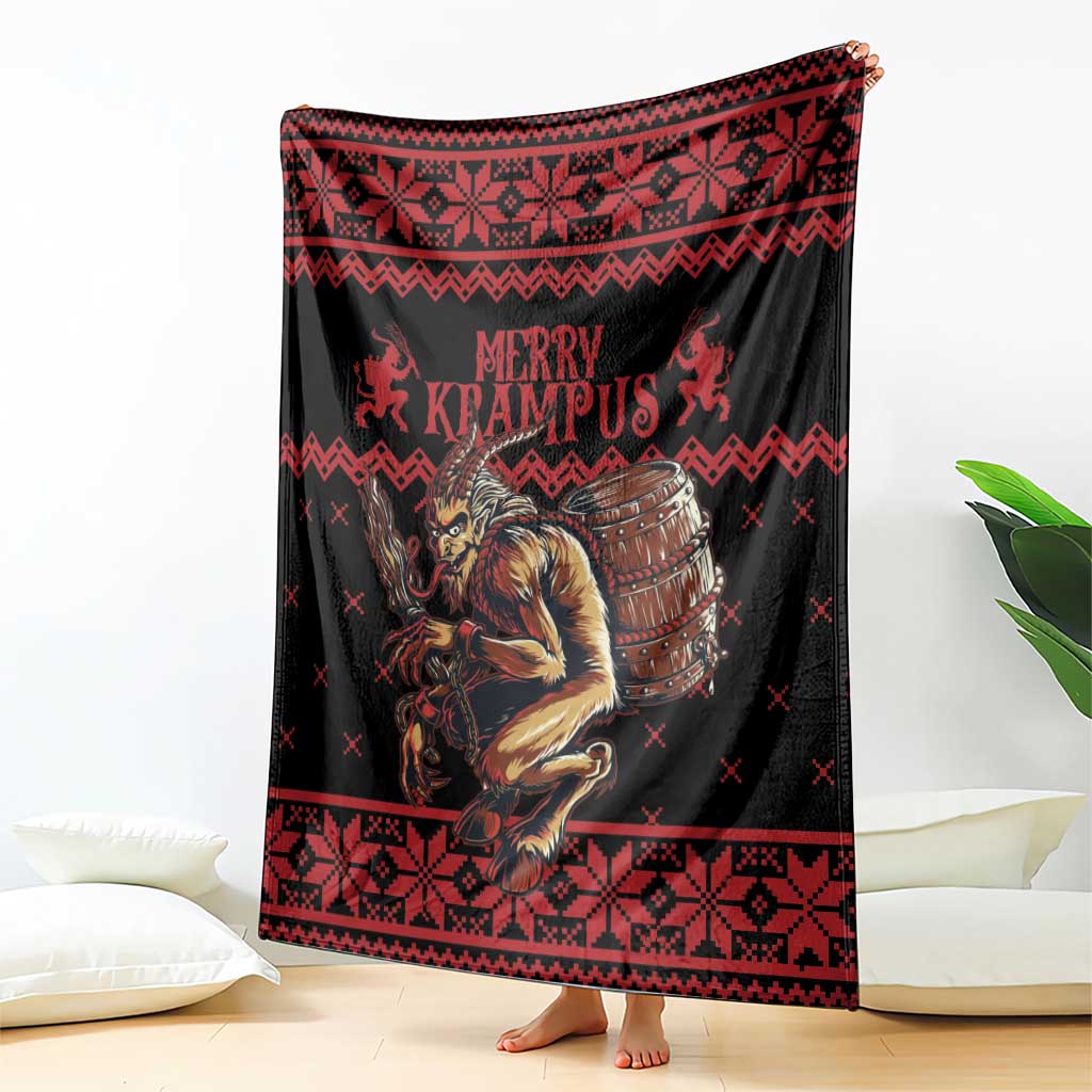 Krampus Christmas blanket featuring “Merry Krampus” text, roaring figure, and red Nordic pattern