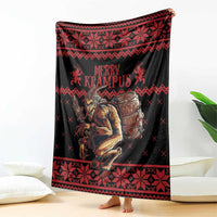 Krampus Christmas blanket featuring “Merry Krampus” text, roaring figure, and red Nordic pattern