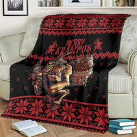 Black and red Krampus-themed blanket with “Merry Krampus” text, drum-kicking creature design