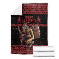 Krampus Christmas blanket folded with black background, red border, and “Merry Krampus” centerpiece