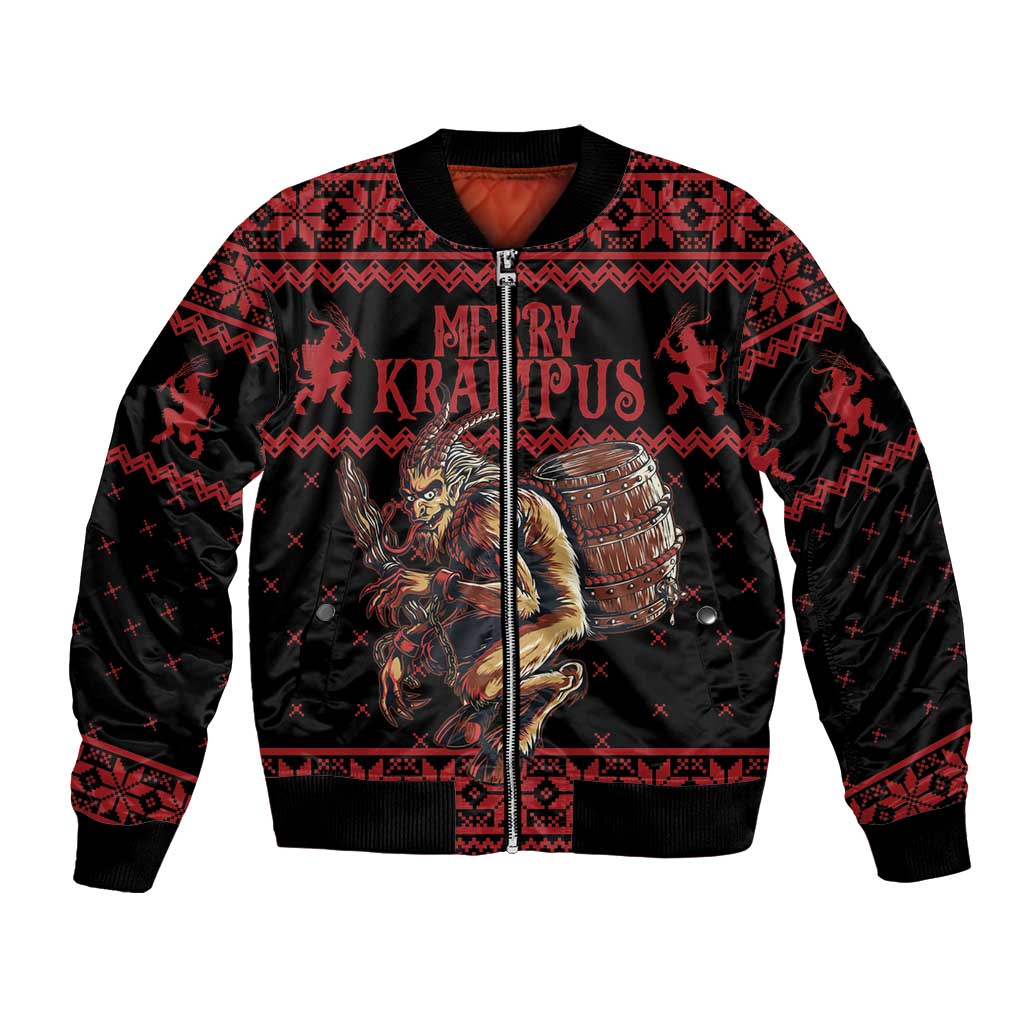 Red and black bomber jacket with Merry Krampus graphic, ribbed cuffs and front zipper