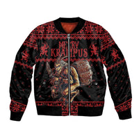 Red and black bomber jacket with Merry Krampus graphic, ribbed cuffs and front zipper