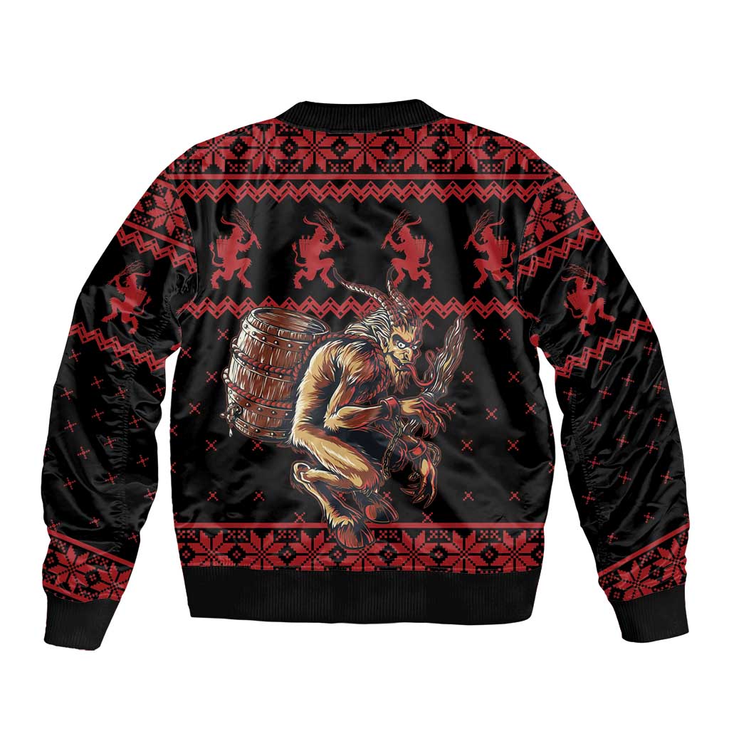 Red and black bomber jacket with Krampus and drum graphic, ribbed hem and zipper