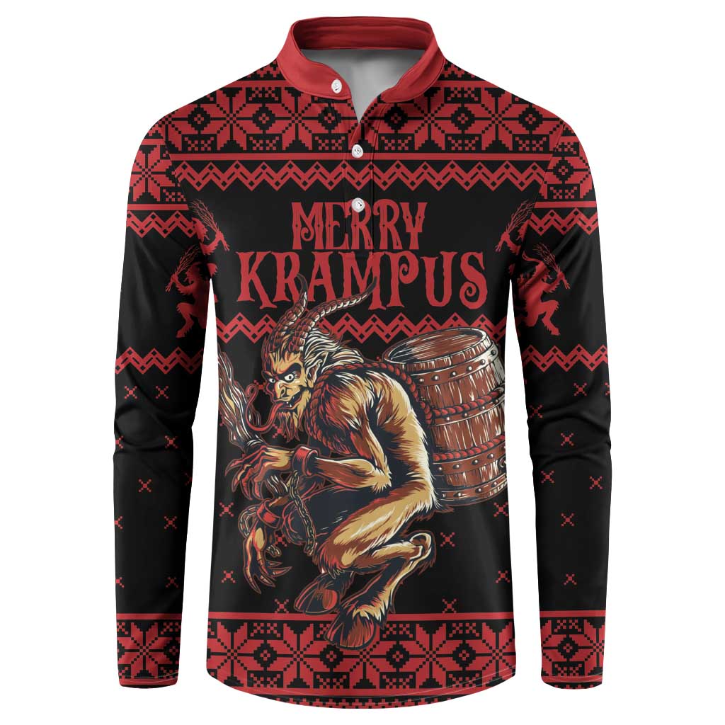 Red and black button-up Christmas sweatshirt with Krampus front graphic and Fair Isle pattern