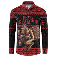 Red and black button-up Christmas sweatshirt with Krampus front graphic and Fair Isle pattern
