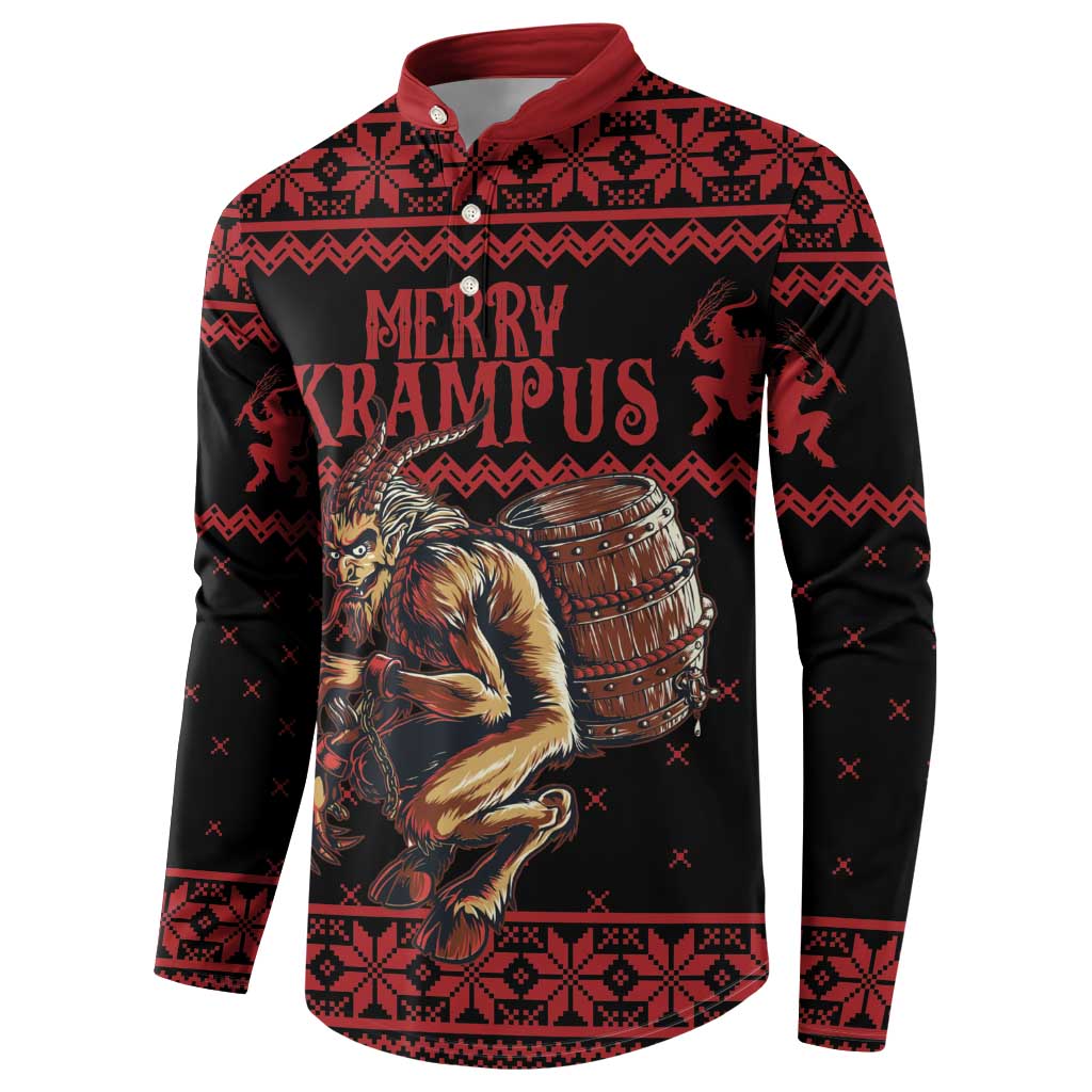 Red and black button-up Christmas sweatshirt with Krampus drum graphic and patterned yoke