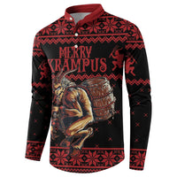 Red and black button-up Christmas sweatshirt with Krampus drum graphic and patterned yoke