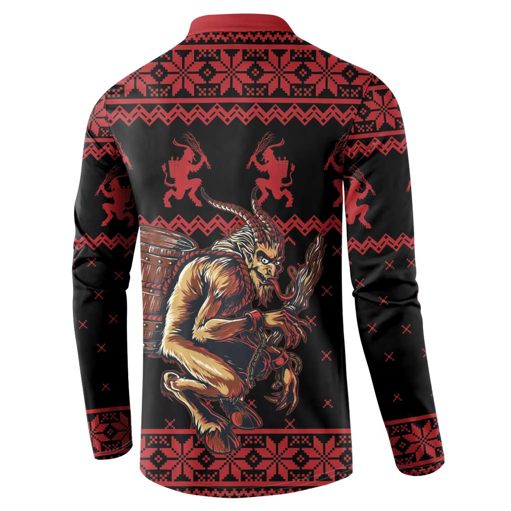 Red and black button-up Christmas sweatshirt, back shows Krampus figure with drum artwork