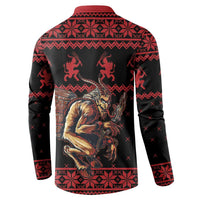 Red and black button-up Christmas sweatshirt, back shows Krampus figure with drum artwork