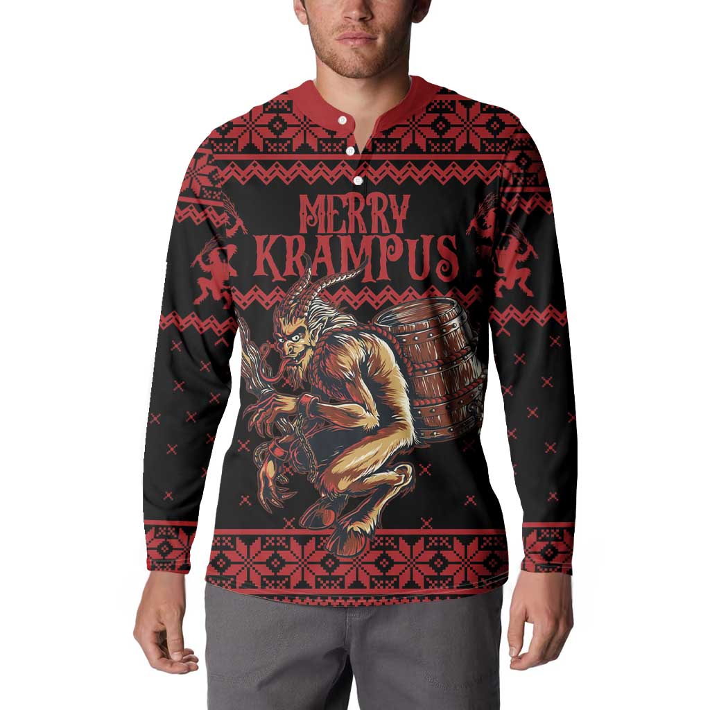 Red and black button-up Christmas sweatshirt with Krampus graphic and collared button placket