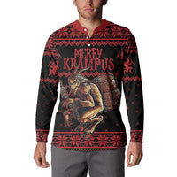 Red and black button-up Christmas sweatshirt with Krampus graphic and collared button placket
