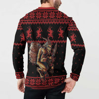 Red and black button-up Christmas sweatshirt, back shows Krampus silhouettes and drum artwork