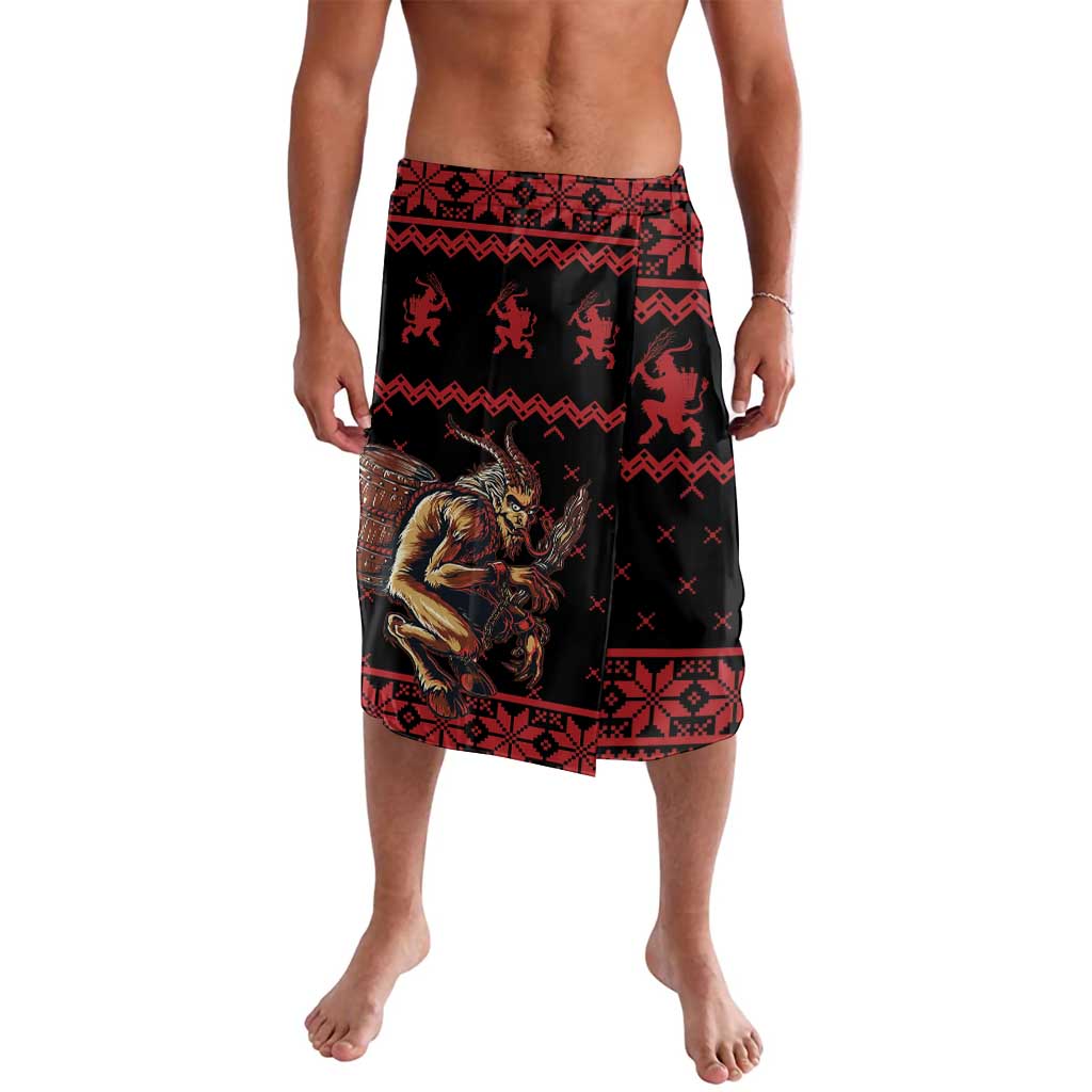 Red/black lavalava wrap skirt, creepy figure print with geometric borders; knee length