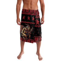 Red/black lavalava wrap skirt, creepy figure print with geometric borders; knee length