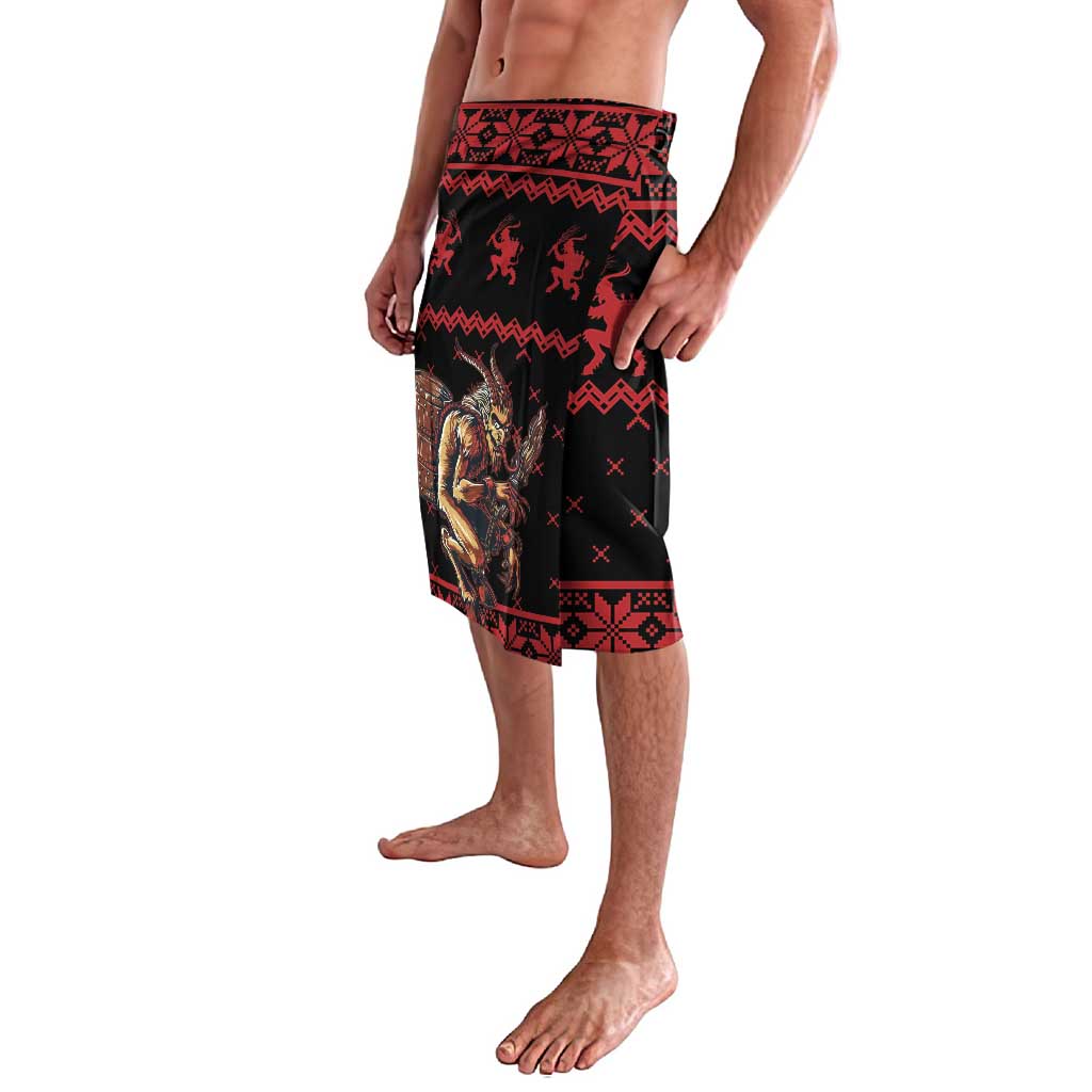 Red/black lavalava wrap skirt with central creepy figure panel and patterned borders
