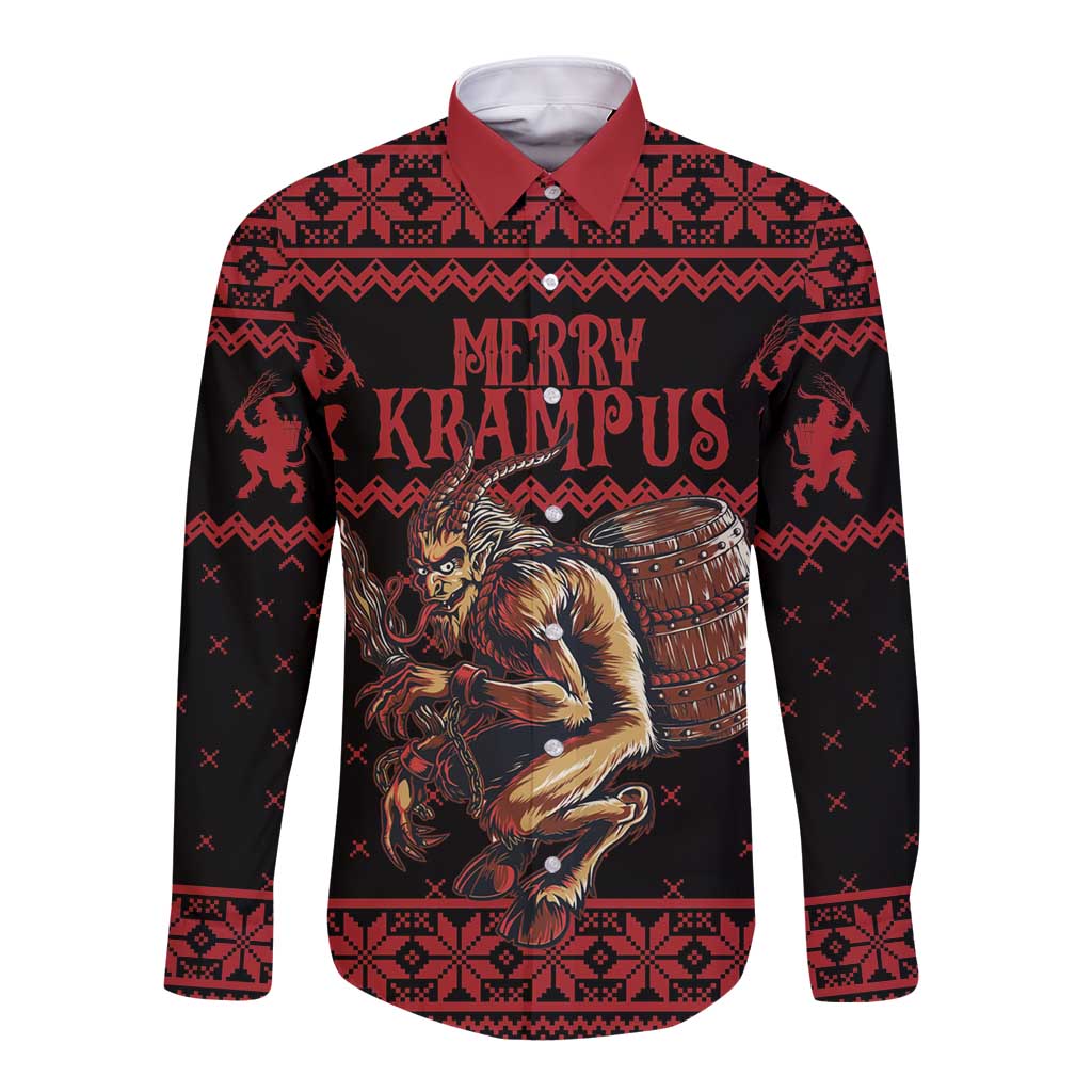 Unisex long-sleeve button shirt with Merry Krampus graphic, red and dark pattern