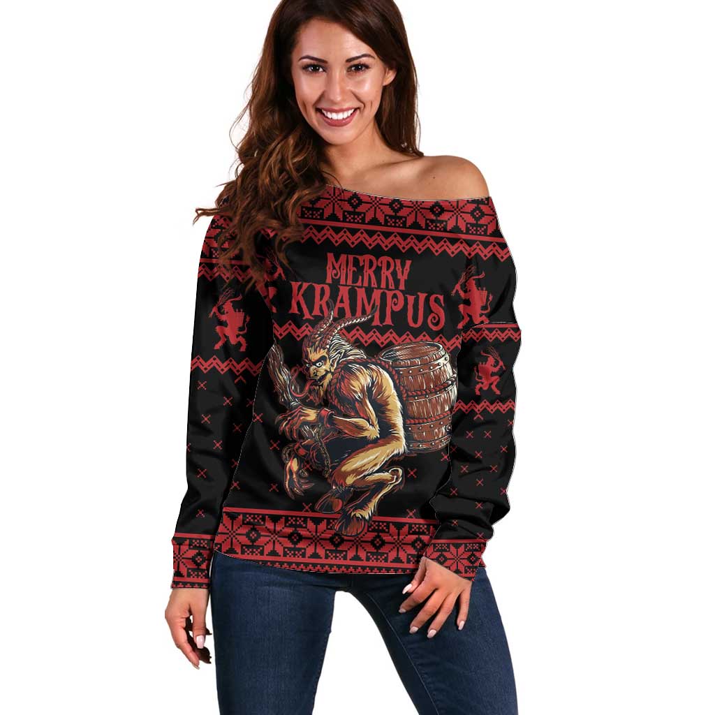 Merry Krampus Creepy Christmas Holiday Off Shoulder Sweater Red Version - Wonder Print Shop