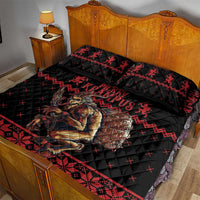 Black quilt bed set with red patterned Krampus graphic and two matching pillow shams