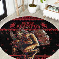 Round Christmas rug in red and black with 'Merry Krampus' text and Krampus graphic