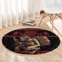 Round holiday rug in red and black with Krampus drum graphic and 'Merry Krampus' text