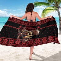 Black and red Krampus print sarong worn wrap, showing full figure and Merry Krampus text