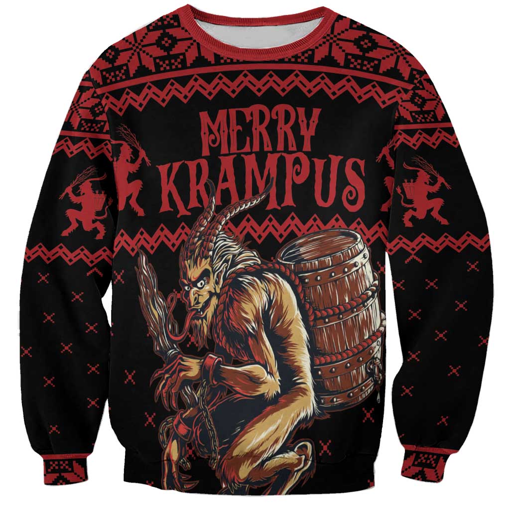 Unisex crewneck sweatshirt, red and black with Merry Krampus graphic and horns