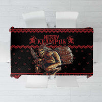 Red and black Merry Krampus holiday tablecloth with central Krampus illustration