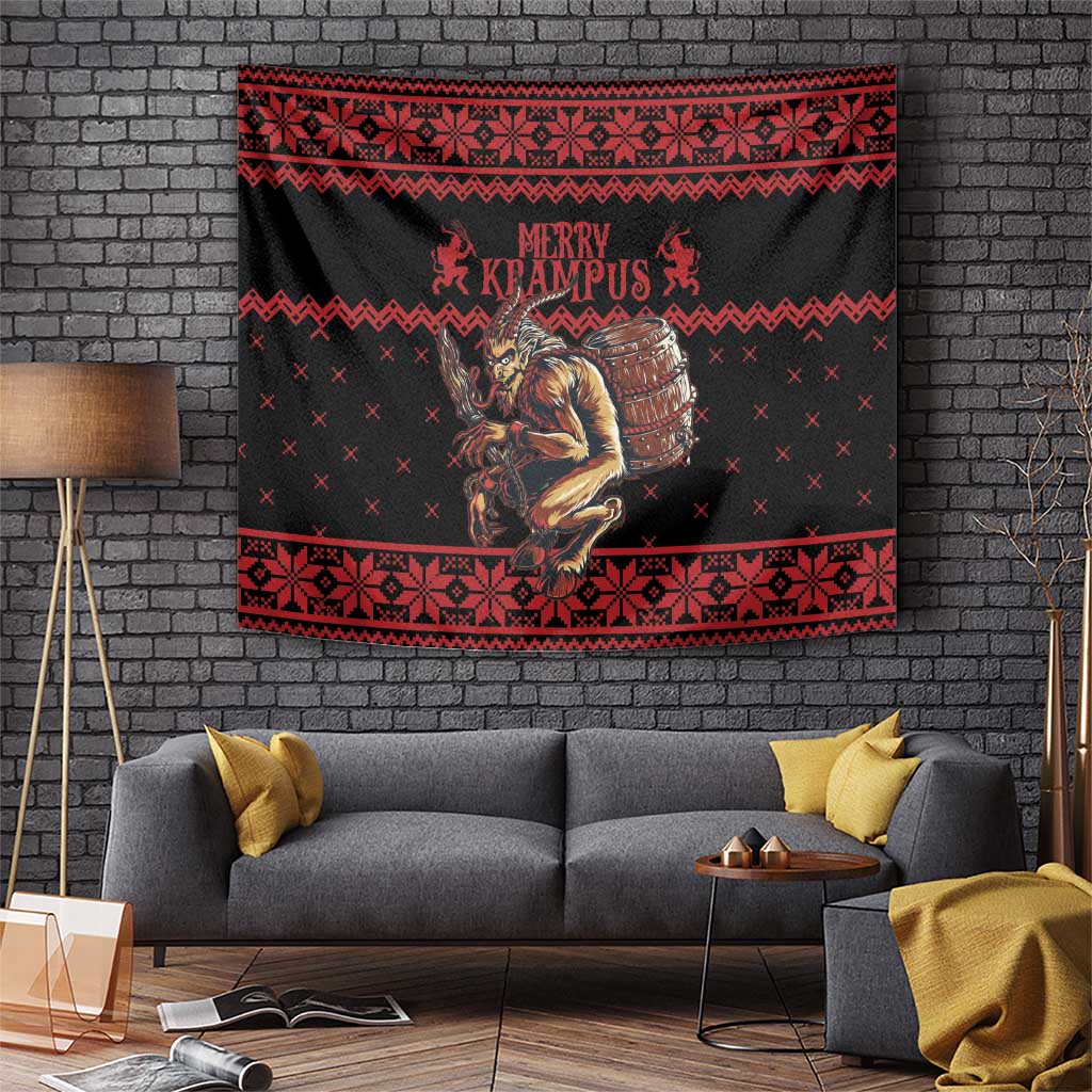 Merry Krampus Creepy Christmas Holiday Tapestry Red Version