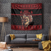 Red and black Christmas tapestry wall hanging with Merry Krampus text and roaring figure