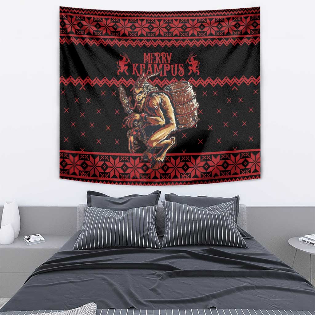Black and red wall tapestry with Merry Krampus text, figure holding a barrel, festive trim