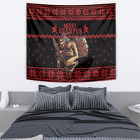 Black and red wall tapestry with Merry Krampus text, figure holding a barrel, festive trim
