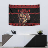 Black and red tapestry with Merry Krampus headline and central character carrying barrel