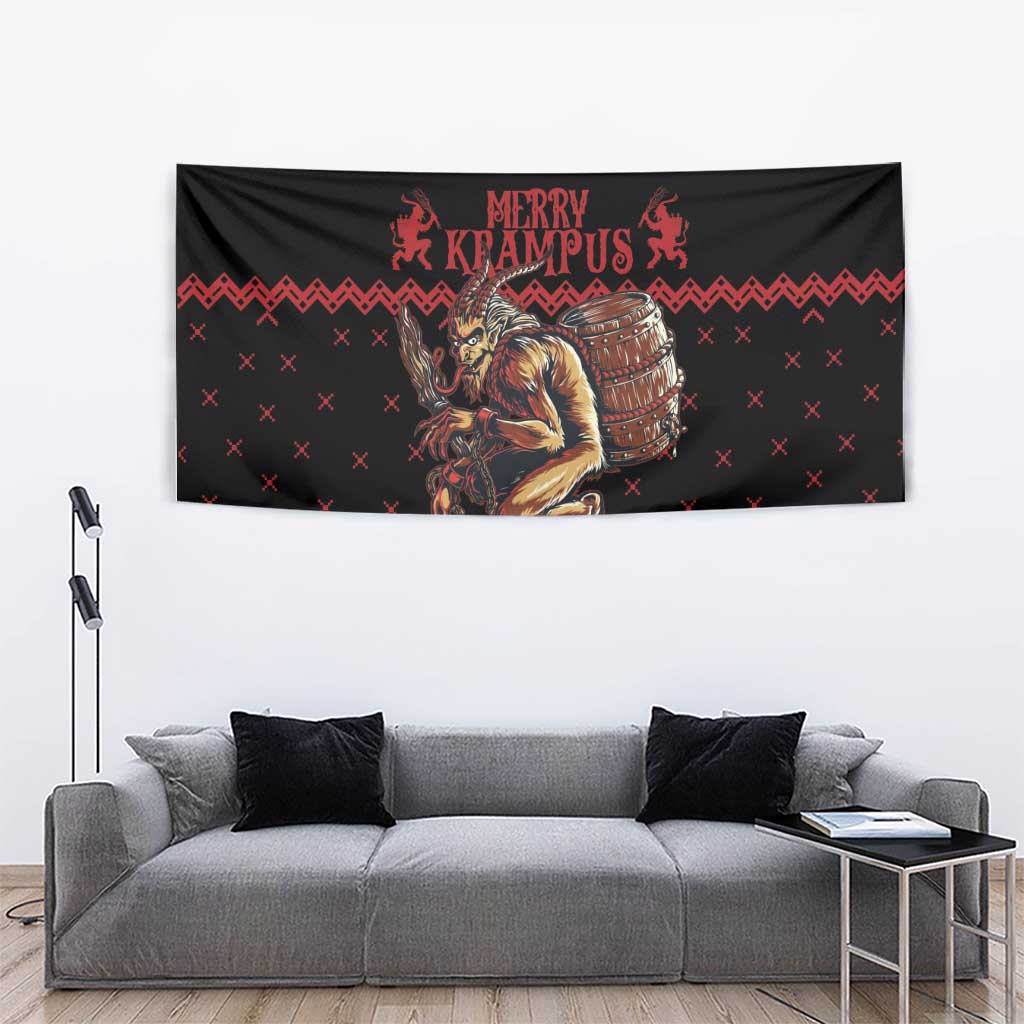 Black and red wall tapestry featuring Merry Krampus text and character with barrel artwork