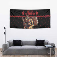 Black and red wall tapestry featuring Merry Krampus text and character with barrel artwork