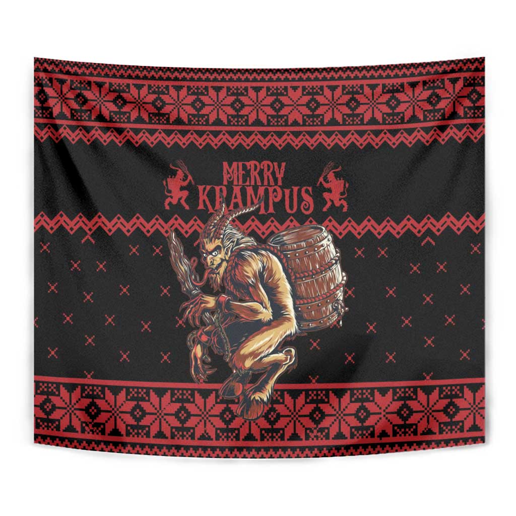 Square black and red tapestry with Merry Krampus text and central figure carrying barrel
