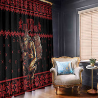 Black and red Krampus Christmas window curtain with bold geometric bands and drum graphic