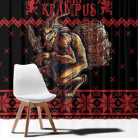 Krampus graphic Christmas window curtain with black fabric and red patterned border